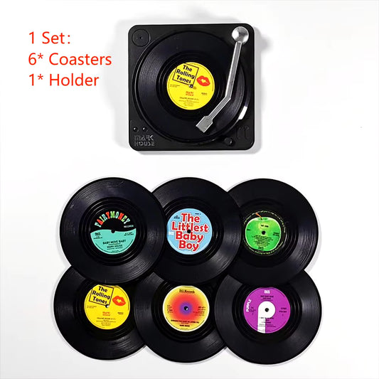 FREE SHIPPING- Set of 6 Vinyl Coasters for Drinks Music Coasters with Vinyl Record Player Holder Retro Record Disk Coaster