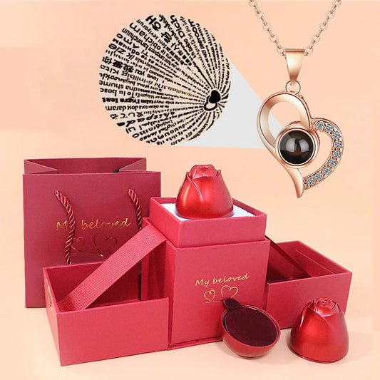 I Love You Pendant with Rose Gift Box - Love Heart Projection Necklace 100 Languages for Loved Ones 2024 Fashion Luxury Jewellery