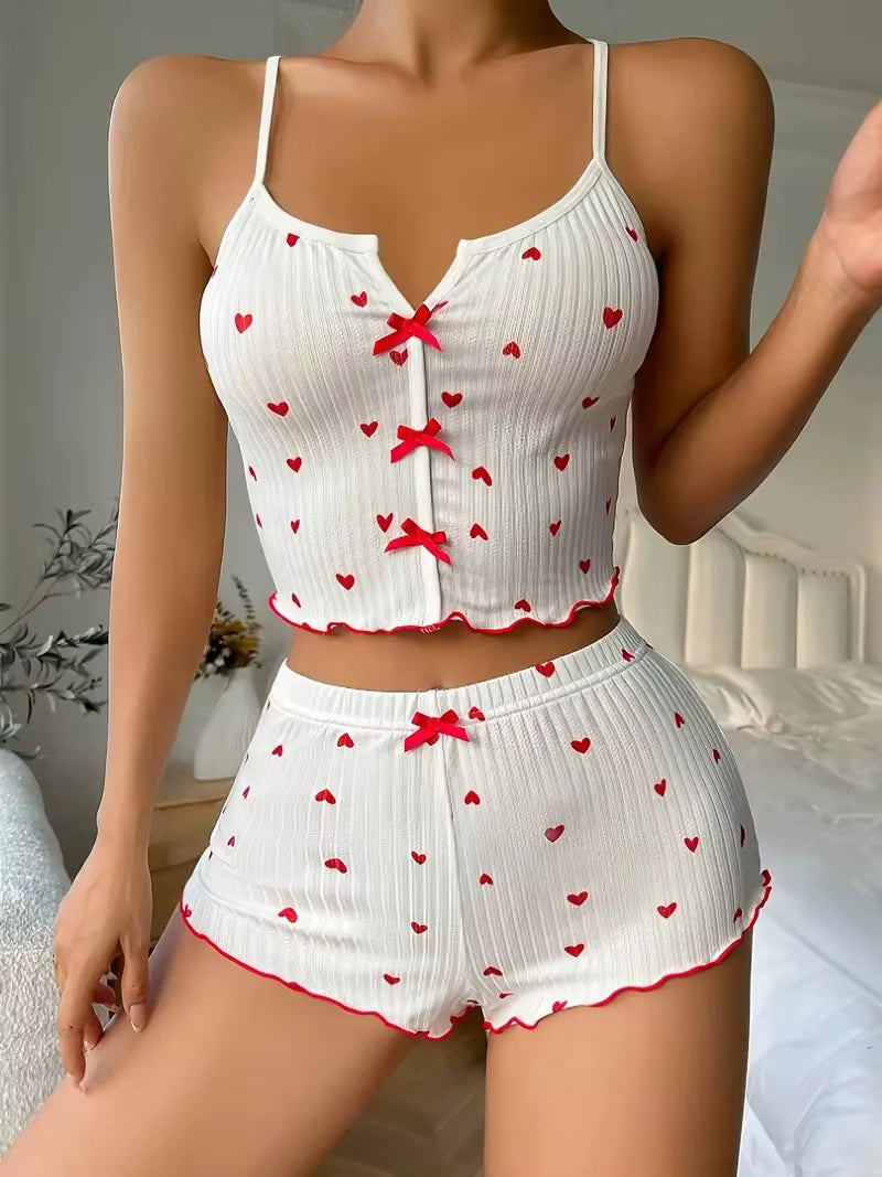  Women Pajamas Set Heart Print Soft Ribbed Fabric with Flirty Frill Trim Casual Cami Top and Shorts Sets