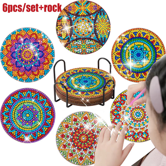 FREE SHIPPING- GATYZTORY 6Pcs DIY Diamond Painting Coaster Mandala Zero Foundation Kit Coaster Cup Decoration