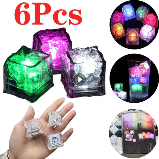  LED Light up Ice Cubes 6Pcs, Color Waterproof Luminous LED Ice Cubes Glowing for Party -Home Decoration- Kids Bathing Toys