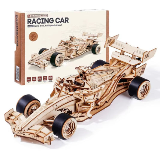 Robotime 3D Wooden Puzzle Robotime F1 Racing Car Model Kits 5H Build 8-10M Forward LK505 Mechanical Roaring Engine.