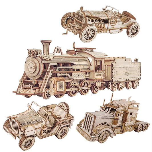 3D Wooden Puzzle Movable Steam Train,Car,Jeep Assembly Model Great Gift Idea, Wooden Model Building Block Kits