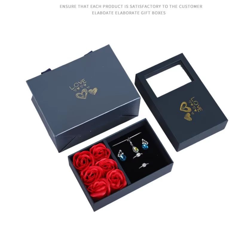 Jewellery Box With Window Opening Romantic 6 Rose , Jewellery Box For Pendants Ring Bracelet Valentine'S Day Eternal Flower Jewellery Gift Packaging Box Bag