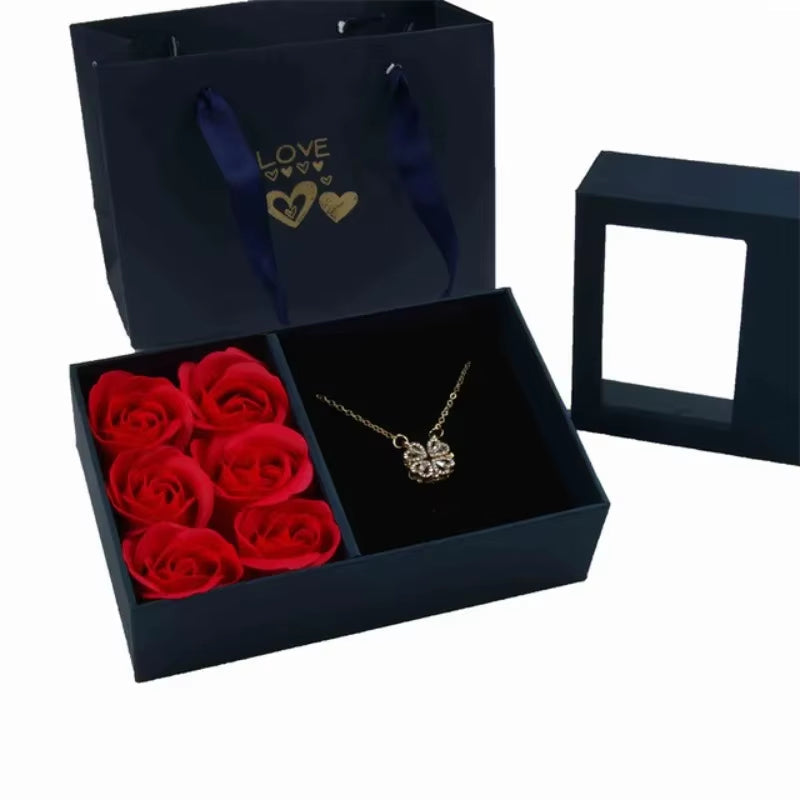 Jewellery Box With Window Opening Romantic 6 Rose , Jewellery Box For Pendants Ring Bracelet Valentine'S Day Eternal Flower Jewellery Gift Packaging Box Bag