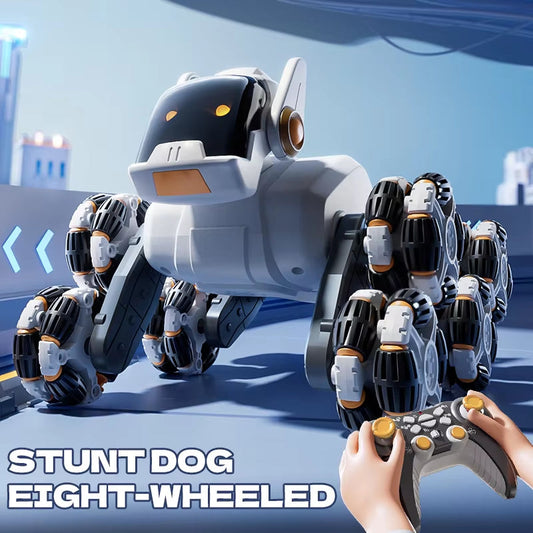 Intelligent Mechanical Robot Dog Eight Wheeled Tail Spray Stunt Action Remote Control Robot Dog.