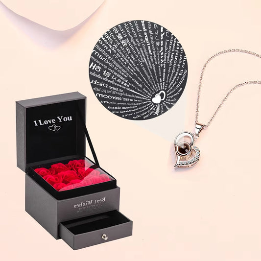 Love Zircon Necklace 100 Languages I Love You Projection Pendant for Women with 9 Roses Gift Box