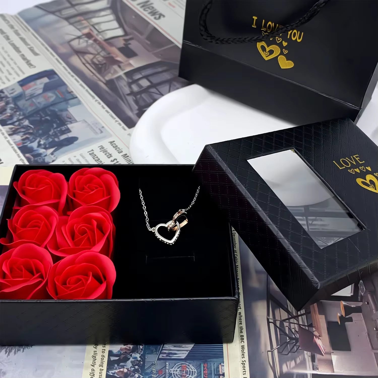 Jewellery Box With Window Opening Romantic 6 Rose , Jewellery Box For Pendants Ring Bracelet Valentine'S Day Eternal Flower Jewellery Gift Packaging Box Bag