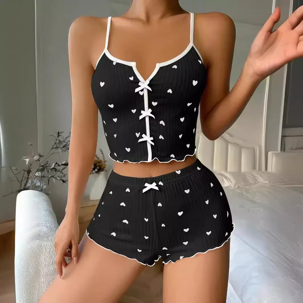  Women Pajamas Set Heart Print Soft Ribbed Fabric with Flirty Frill Trim Casual Cami Top and Shorts Sets