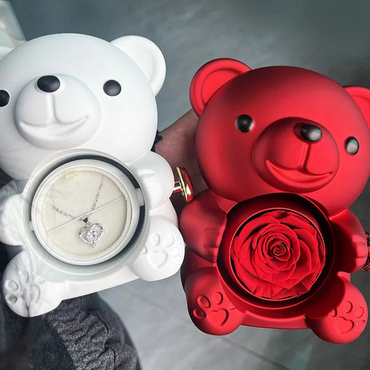 Eternal Rose Teddy Bear Gifts Box with Necklace Rotate Rose Jewelry Box Valentine Gift , Storage Gift Case