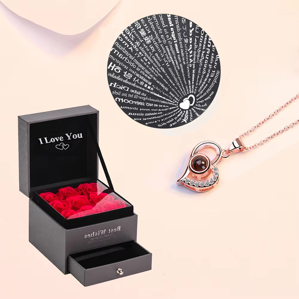 Love Zircon Necklace 100 Languages I Love You Projection Pendant for Women with 9 Roses Gift Box